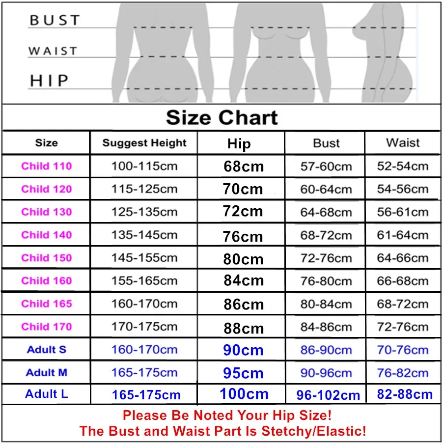 Tutu balletiseelikute suuruste tabel, mis näitab rindkere, talje ja puusa mõõte erinevatele vanustele ja suurustele. Nähtavad on mõõdud lastele ja täiskasvanutele, koos kõrguse soovitustega.