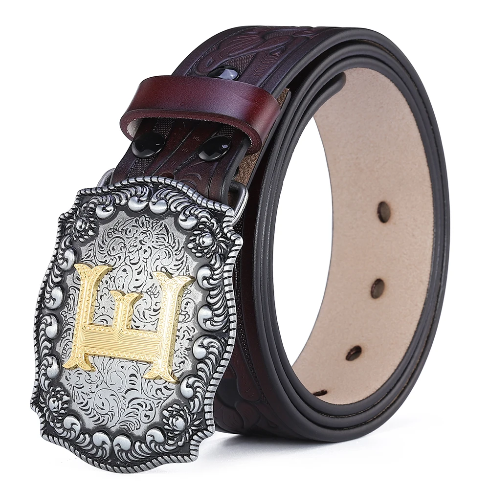 Western Belt Men Genuine Leather Belts for Men Women Cowboy Cowgirl Big Letters Buckle Gold Male Belts Long Black Brown Quality