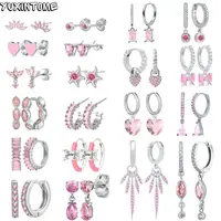 925 Sterling Silver Needle Sweet Cute Pink Zircon Hoop Earrings for Women Exquisite Heart Pendant Earrings Luxury Jewelry Gift 1
