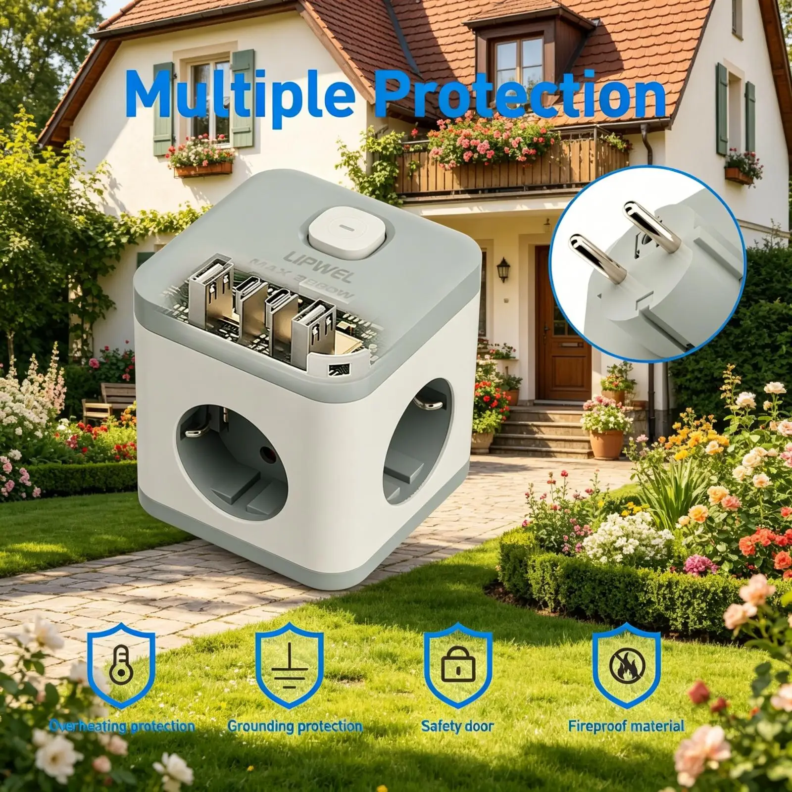 Universal Multi-Function Power Adapter with USB Ports - Compact Cube for International Travel and Home Use, White/Black