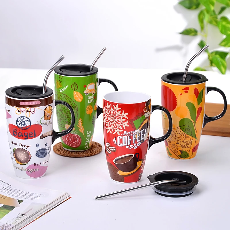 

600ml Colorful Ceramics Coffee Mug with Lid Large Capacity fruit Mugs Creative Drinkware Coffee Tea Cups Novelty Gifts Milk Cup