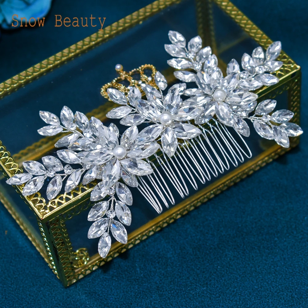 Wedding Hair Comb Crystal Bridal Hair Pieces Pearl Wedding Accessories for Women Rhinestone Girls Tiara