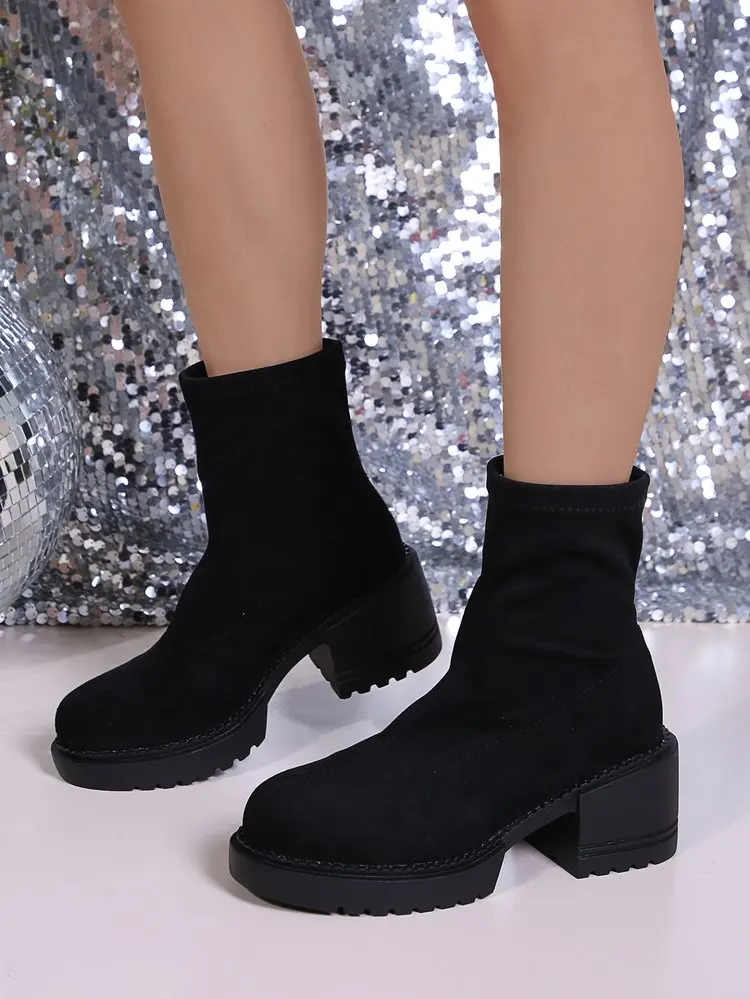 Women's Suede Platform Ankle Boots Round Toe Block Heel Casual_voghion.com