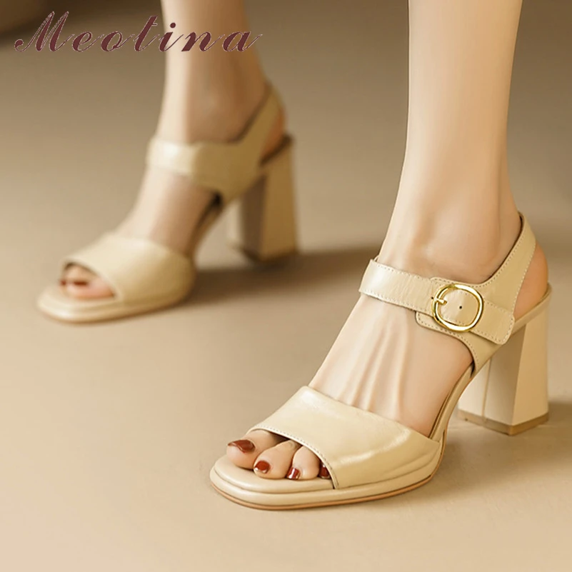 

Meotina Women Genuine Leather Sandals Square Toe Platform Chunky High Heels Buckle Ladies Fashion Party Shoes Summer Apricot