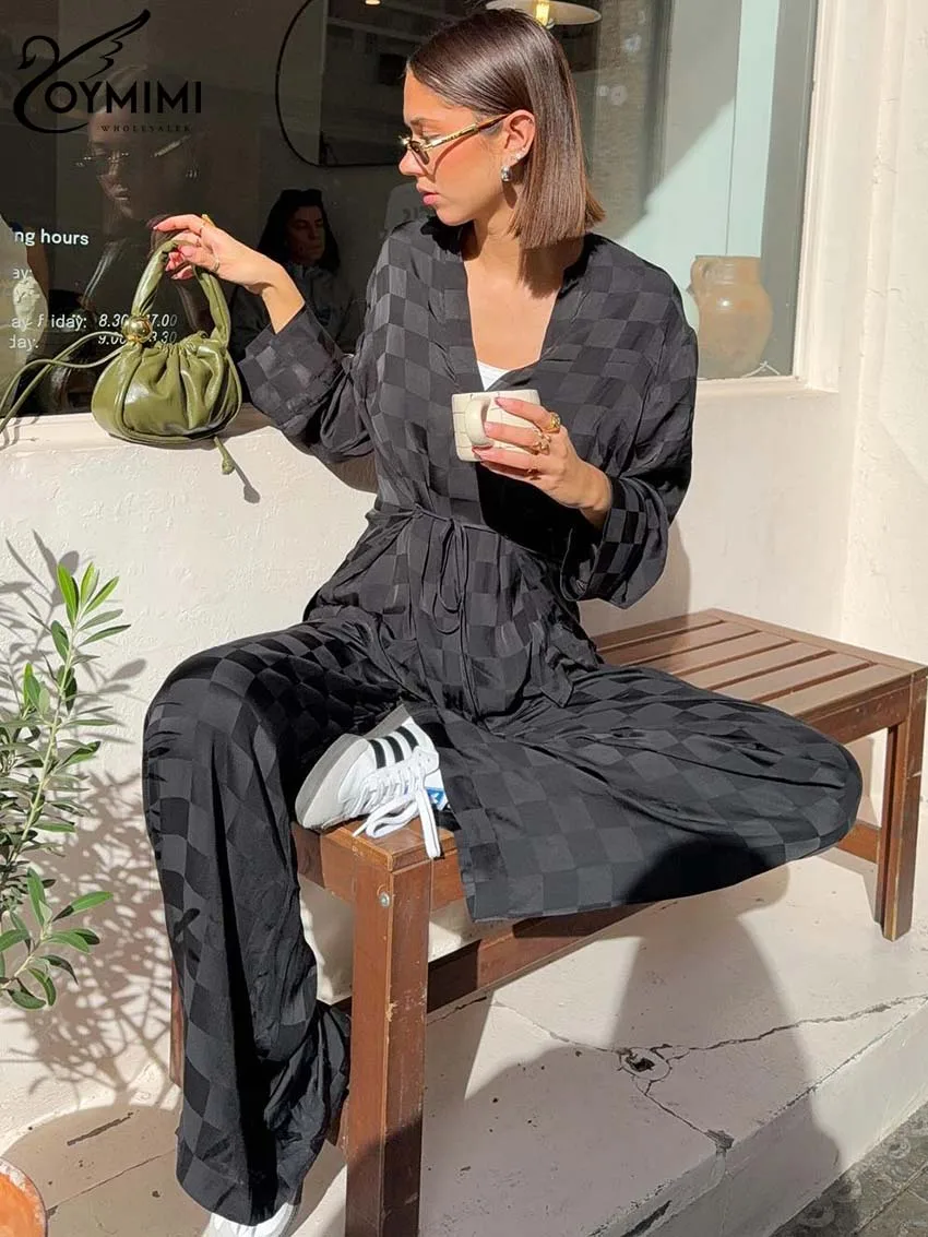 

Oymimi Elegant Black Plaid Print Womens 2 Piece Outfit Set Casual Long Sleeve Lace-Up Blouses And High Waisted Trousers Sets