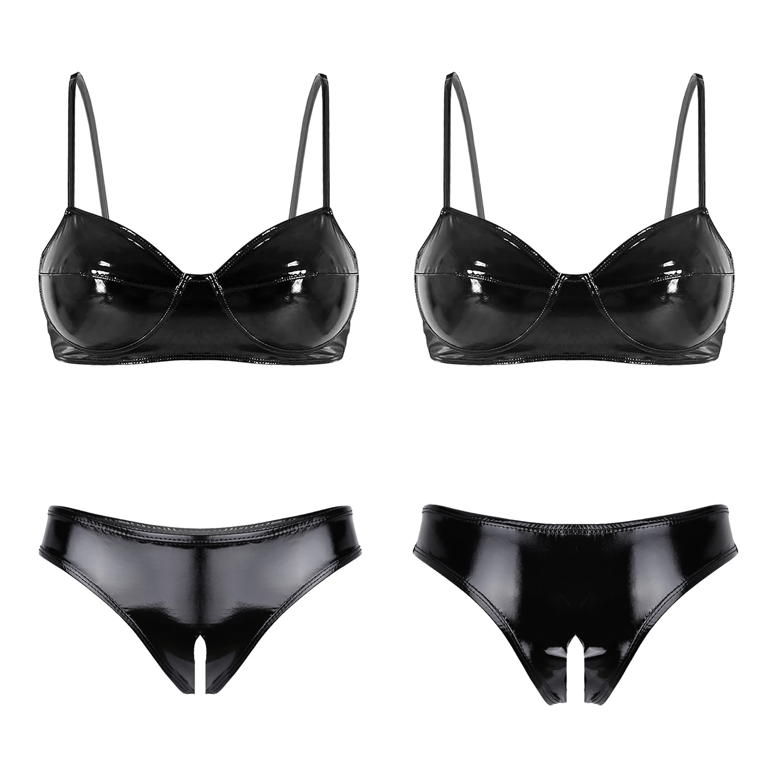 Womens Wet Look Patent Leather Latex Lingerie Set Wireless Bra Top with High Cut Front Zipper Briefs Rave Festival Bikini Set