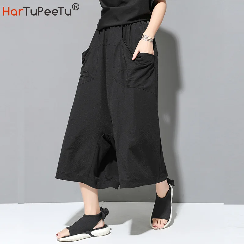 

Thin Summer Wide Leg Pants Women Loose High Waist Cropped Trousers with Big Pockets Black Drop Crotch Capri Pants Streetwear