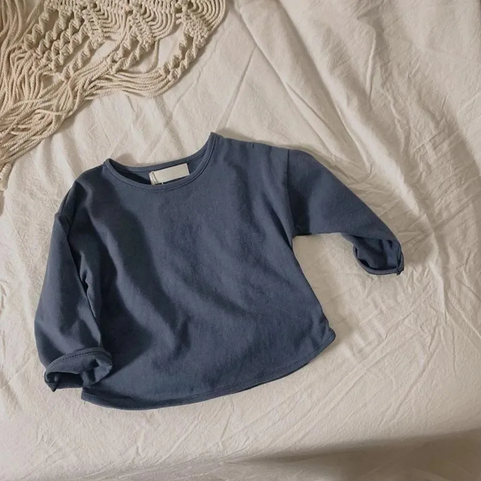 가을 겨울 남아 여아 솔리드 긴팔 보터밍 셔츠, 아이 루즈 티셔츠, 레트로 베이비 코튼 탑, 캐주얼 티