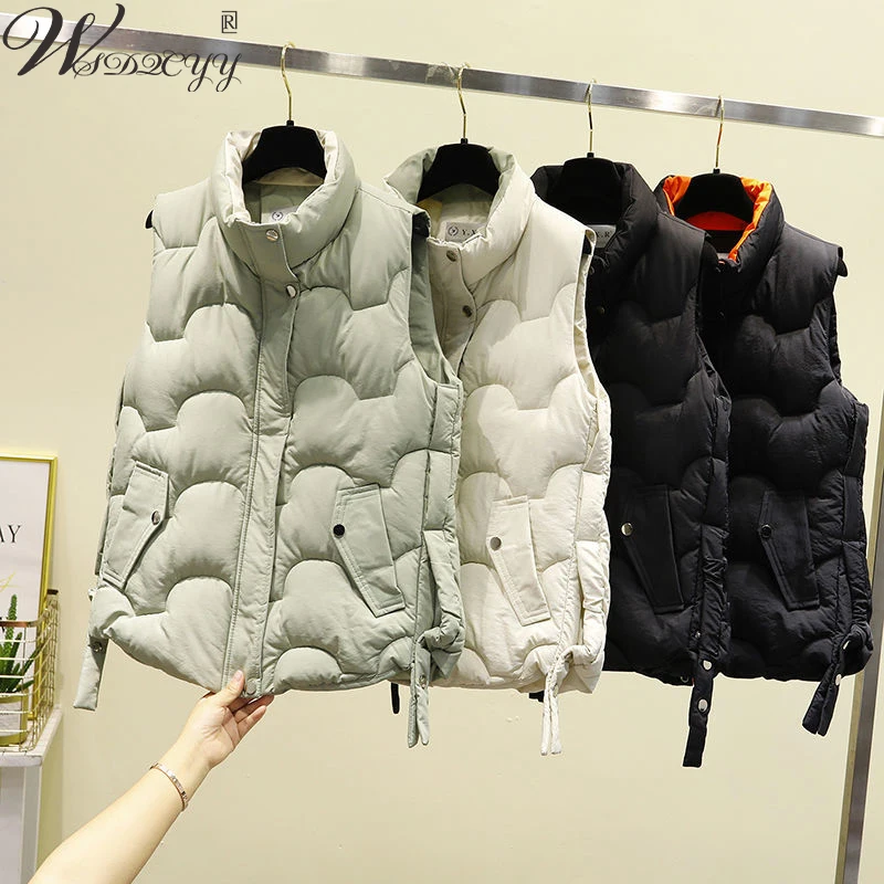 Women'S Cotton Down Vest Fall Winter Solid Colors Sleeveless Cropped Jacket All-Match Korean Loose Outwear Snow Wear Puffer Vest