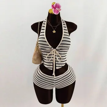 Summer Seaside Beach Vacation Style Knitted Lace up Slim Fit Halterneck Vest Half-Length Shorts Two-Piece Set for Women sexy sty 1