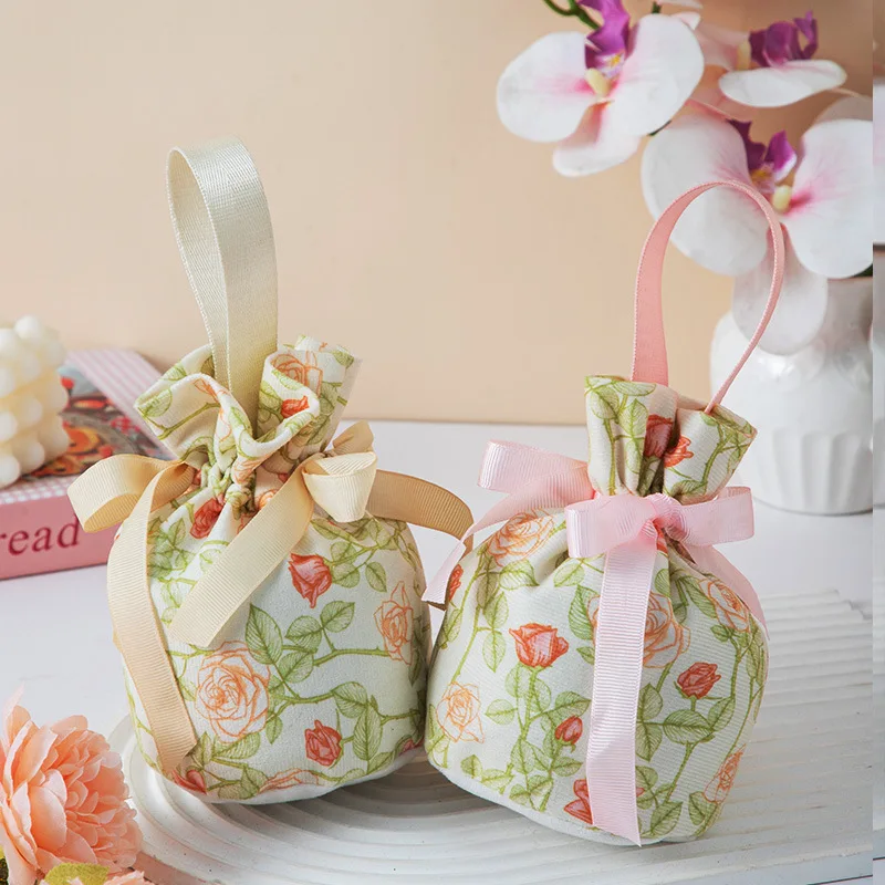 Wedding Candy Drawstring Bag Portable Party Gift Goodie Candy Packing Bag Floral Handheld Gift Storage Bag Children'S Gift