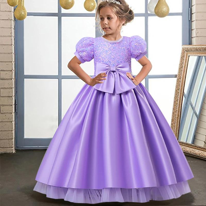 Girls' Satin Formal Wedding Beaded Bubble Sleeve Spinning Long Dress Princess Prom Party Evening Dress 3-10T