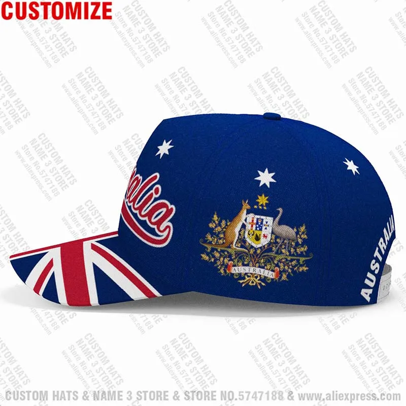 Customizable Australian Themed Navy Blue Baseball Cap with Name, Number, and Team Logo