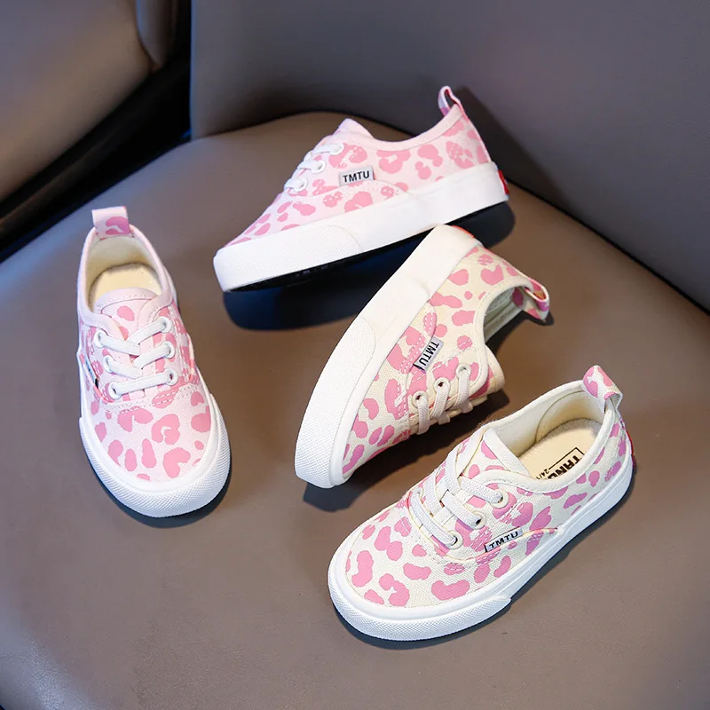 spring summer US Size Lace Up Kids board shoes adult women girl's pink leopard print canvas
