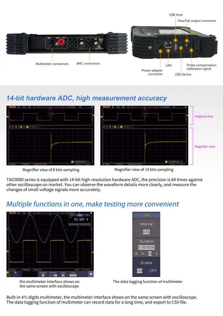 Portable Tablet Digital Oscilloscope 2CH 1GS/s 8 bits TAO3072 TAO3102 14 bits TA