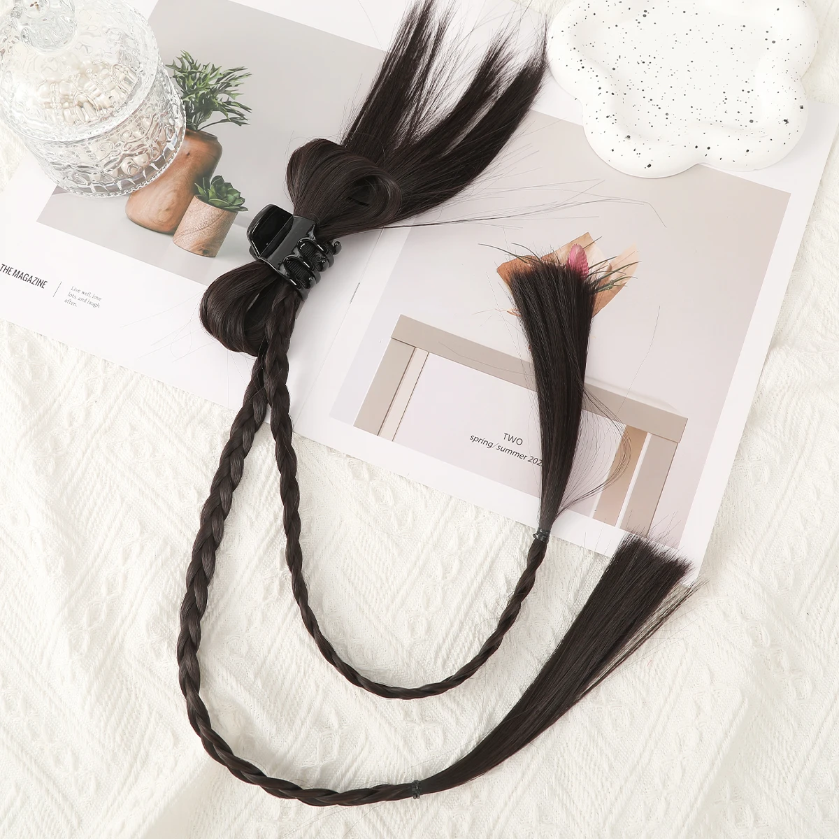 Y2k Wig Braids Hair Crab Clips For Women Hair Claw Hairpin Chicken Feather Boxing Braids Double Ponytail Hot Girl Dopamine Wig
