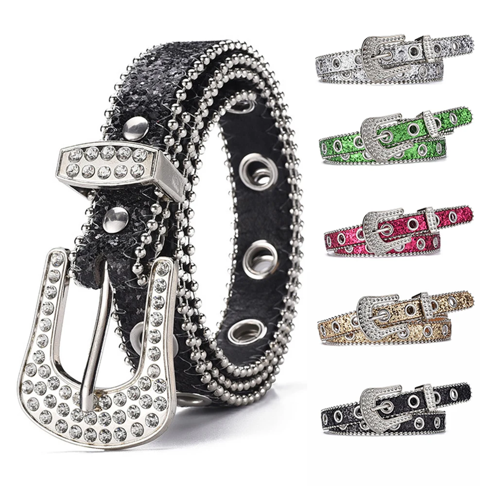 

Sequin Hollow Out Air Hole Waist Belt Metal Pin Buckle PU Leather Belt Rhinestones Studded Belt Jeans Decoration Waistband DIY