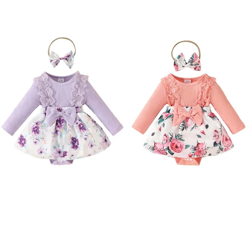Autumn Infant Clothing Baby Girl One-Piece Dress Lace Long Sleeve Floral Dress Bodysuits Sweet Baby Girl Skirts 0-1 Year
