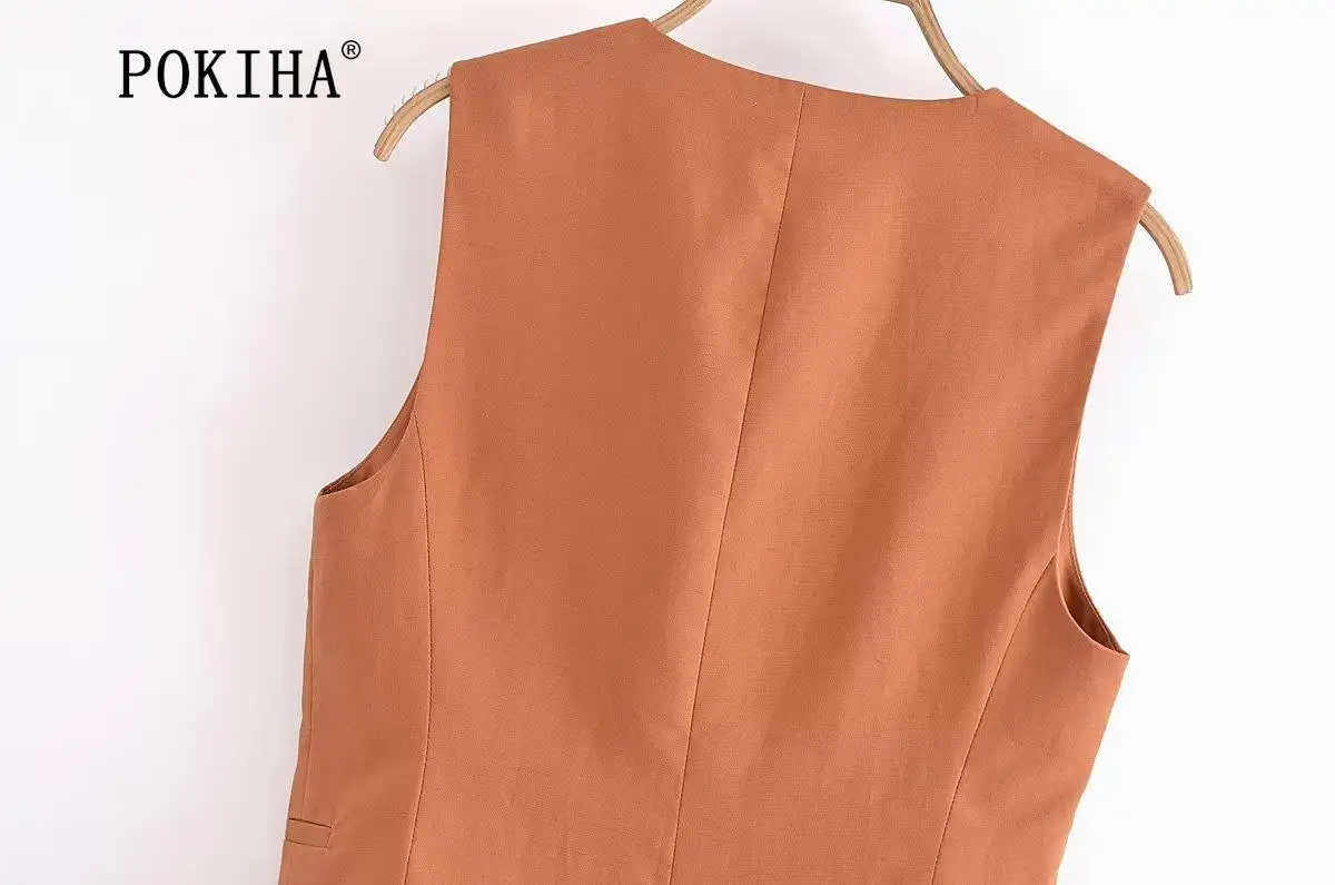 Pokiha Fashion Women Vintage Linen Front Buttons Cropped Waistcoat And Elegant Mid Waisted Midi Dress Female Chic Two_voghion.com