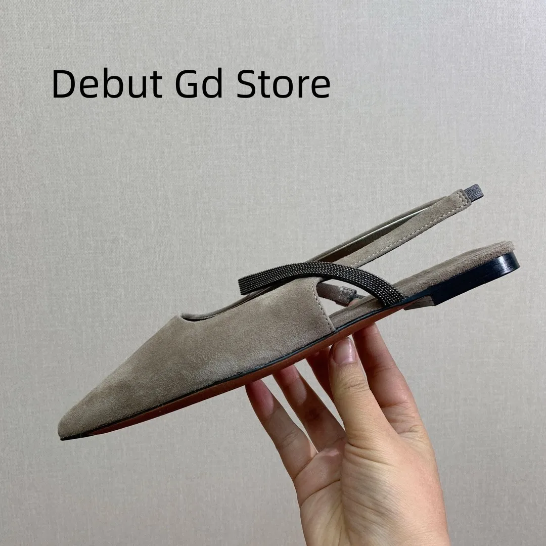 2024 New Summer Flat Shoes Women Pointed Toe Slingbacks Suede Leather String Bead Walk Shoes Woman Runway Sandals For Women