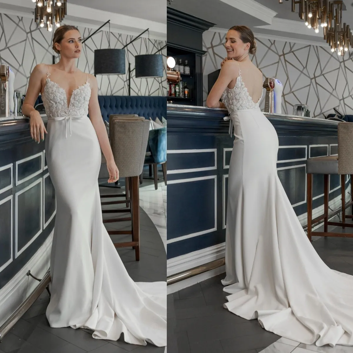 

Simple Mermaid Wedding Dress 3D Floral Applique Sexy V-Neck Spaghetti Straps Bridal Gown Backless Sweep Train Vestidos De Noiva