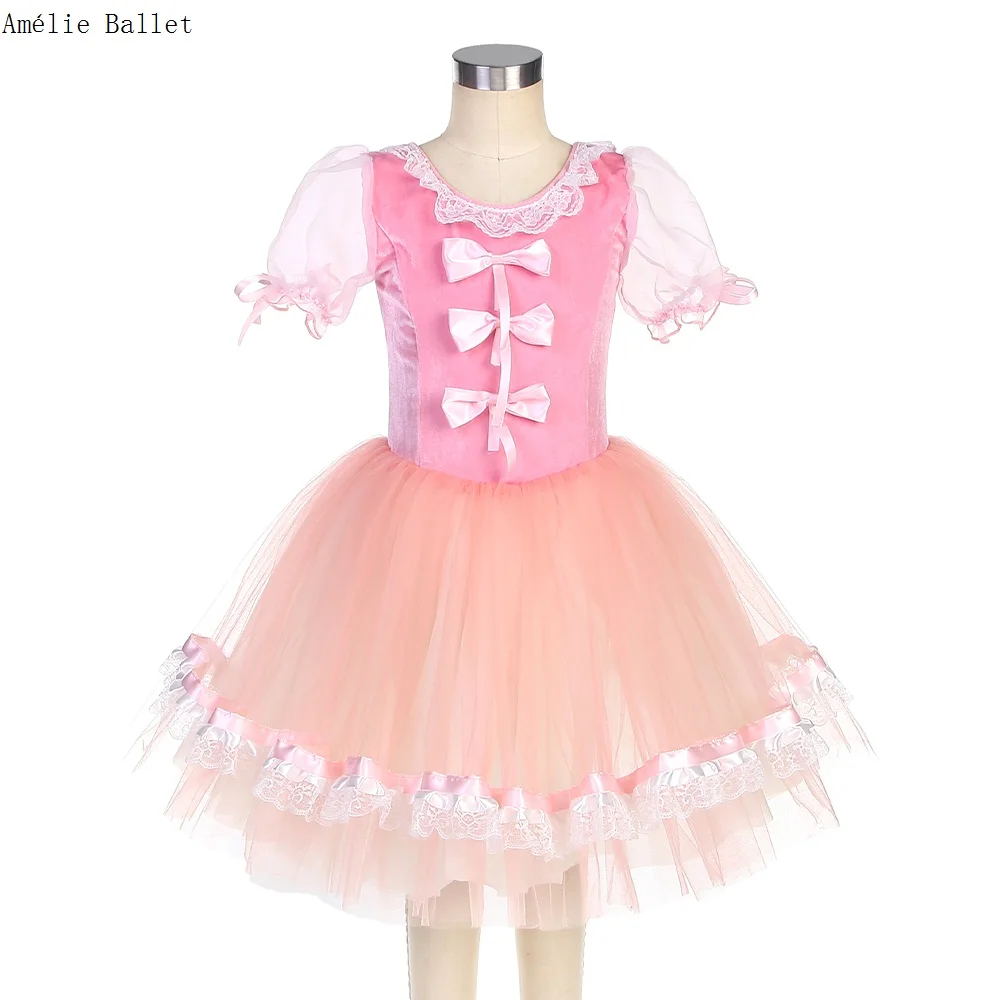 

22516 Pink Puff Sleeve Velvet Bodice Ballet Tutu Romatic Ballet Tutu for Girls & Women Stage Performance Dance Dress