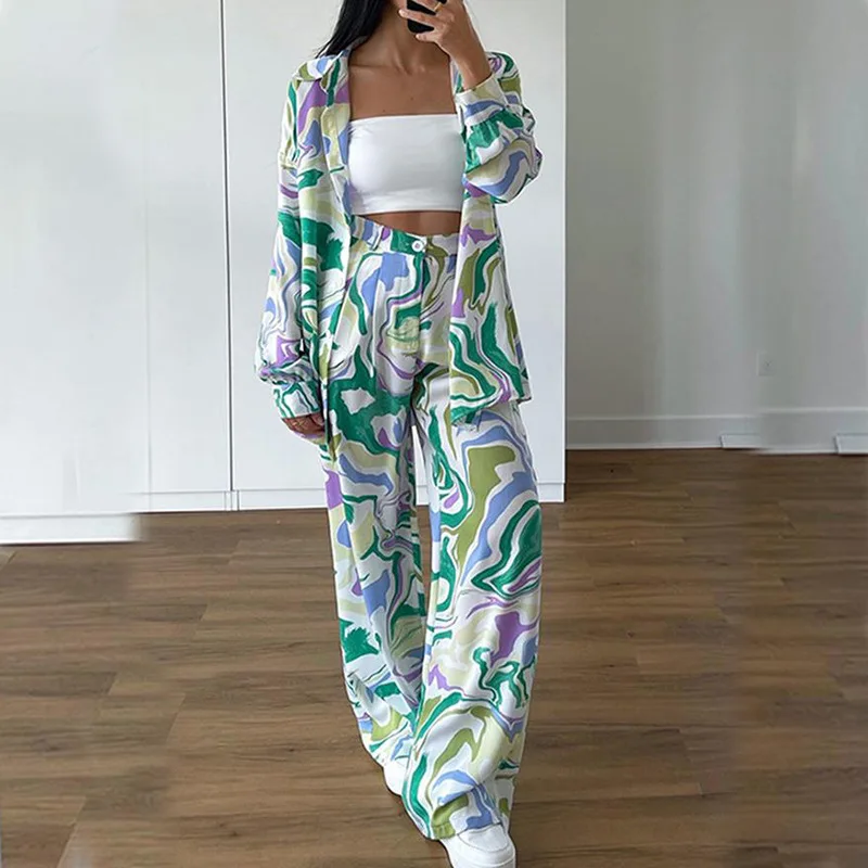 

2023 Autumn Print Pants Set 2 Pieces Womens Outfits Elegant Long Sleeve Shirts Female Spring Fashion High Waist Long Pants Suits