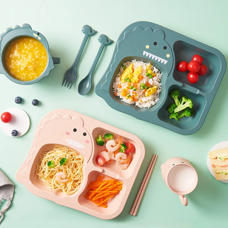 

4Pcs/Set Children Dinnerware Set Tableware Anti-hot Dinosaur Pattern Eco-friendly Kids Feeding Dishes Set Light Straw for Home