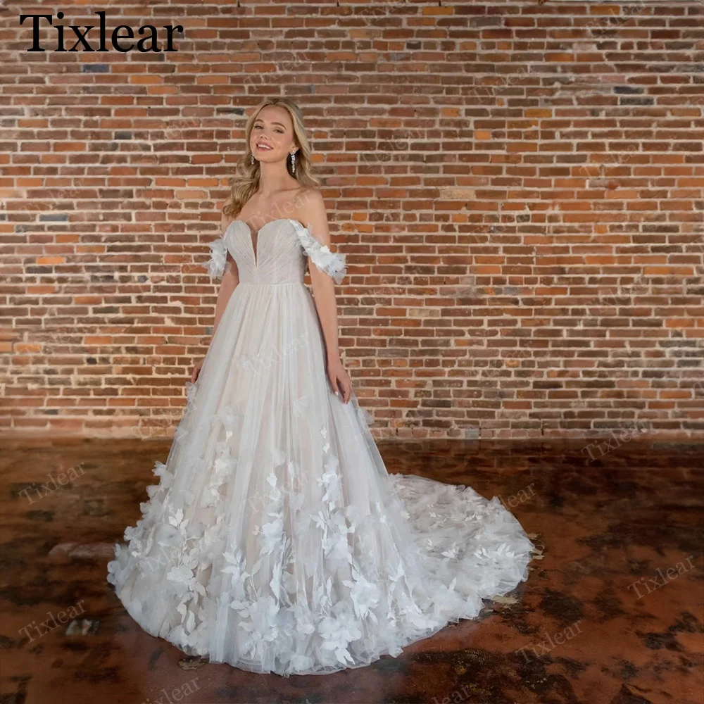 

Tixlear Elegant Off The Shoulder Wedding Dress A-line V-Neck Bridal Gowns Appliques Tulle Backless Ruffle Vestidos De Novia