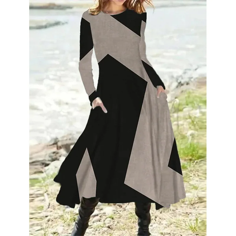 

PULABO Ethnic Style Vintage Dress Women Autumn Winter Long Sleeve Pocket Elegant Skirt Casual O-Neck Print Irregular Dress