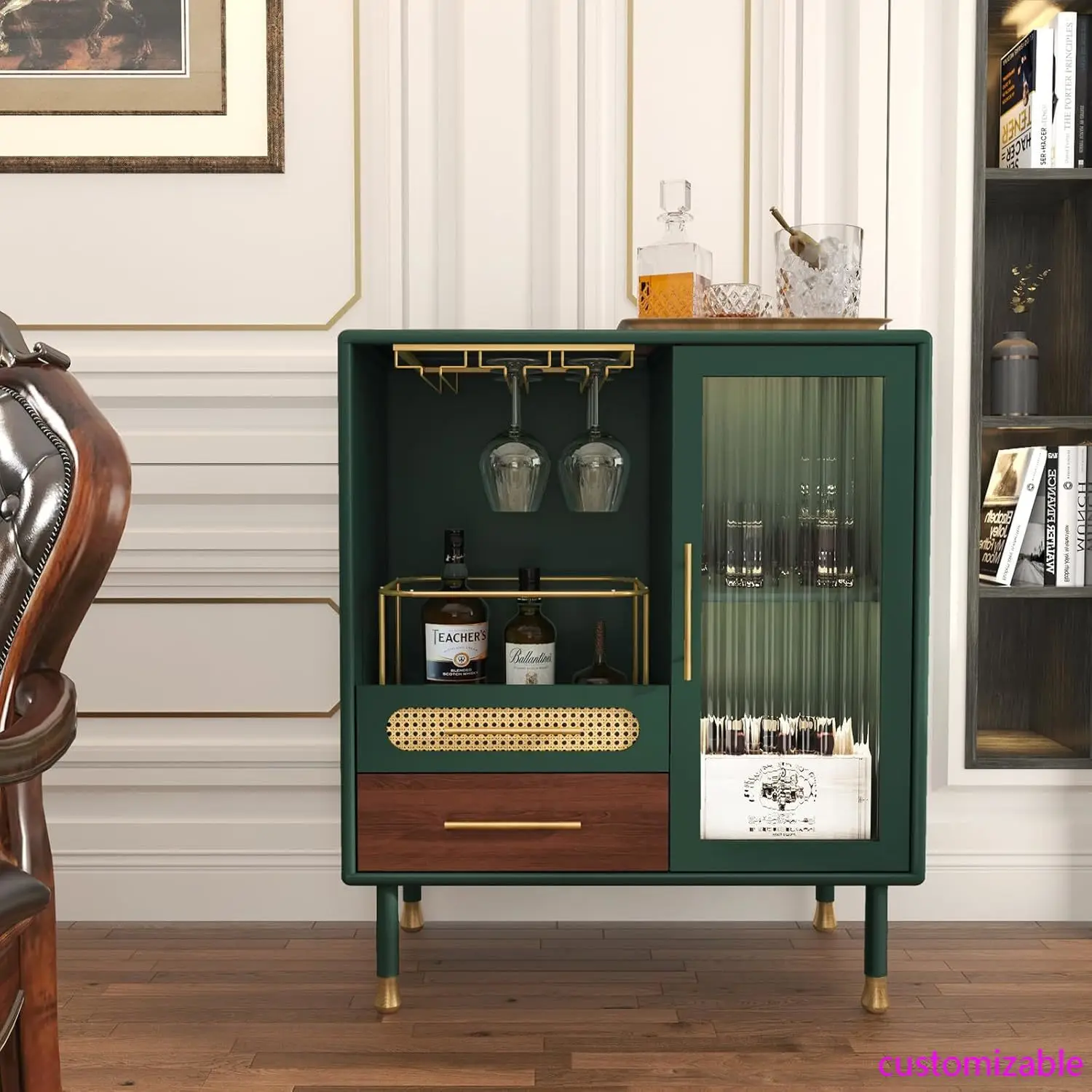 Modern Coffee Bar Cabinet with Wine Glass Rack and Drawers, Green Liquor Cabinet with Pull-Out Wine Storage