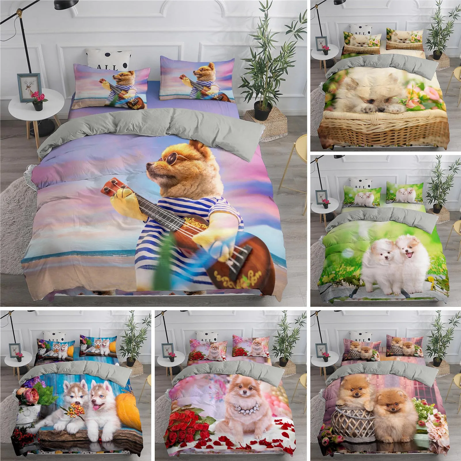 

Pomeranian Dog King Queen Duvet Cover Puppy Bedding Set for Teens Adults Pet Animal Colorful Sky 2/3pcs Polyester Quilt Cover