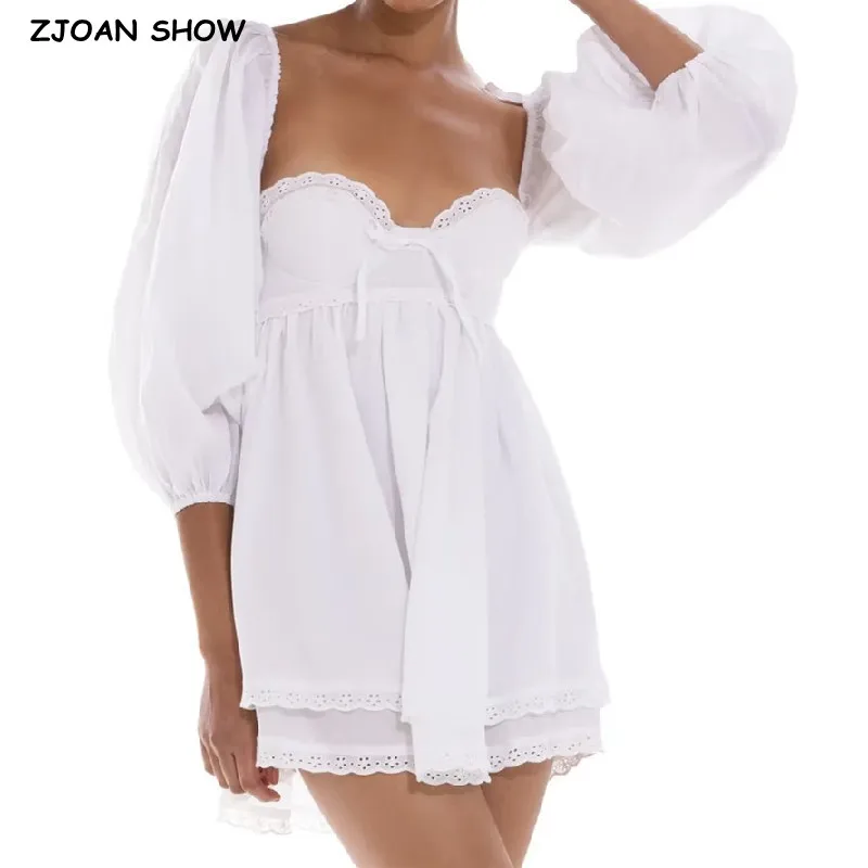 

2023 Sexy White Spliced Lace Bra Chest with Wire Corset Style Lantern Sleeve Dress Women Bow Lacing up Backless Cotton Mini Robe