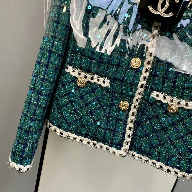 New Women Elegant Vintage Tweed Fragrant Suit Jacke Coat Top and Skirt Two Piece Set Green Outfit Winter Jacquard Party Clothing