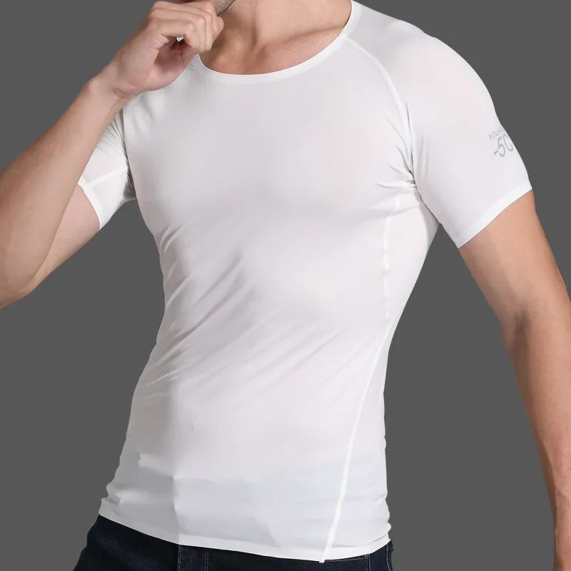 Summer Men Ice Silk Shirt Short Sleeves Seamless Round Neck Top Bodybuilding Thin Elastic Breathable Undershirt Pullover