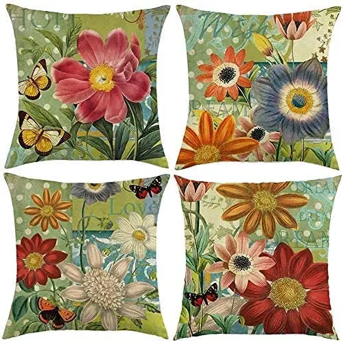

Spring Painting Flower Pillow Case Colorful Flower Cotton Linen Pillowcase Garden Chair Pillow Cover for Sofa Bed Couch 45x45cm