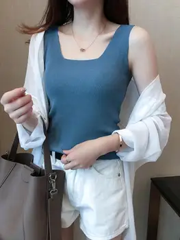 عالية الجودة أنيقة الأساسية U الرقبة الصيف الأبيض متماسكة المرأة تانك القمم مثير بلا أكمام تي شيرت خمر الأعلى عادية المحاصيل تي شيرت 2