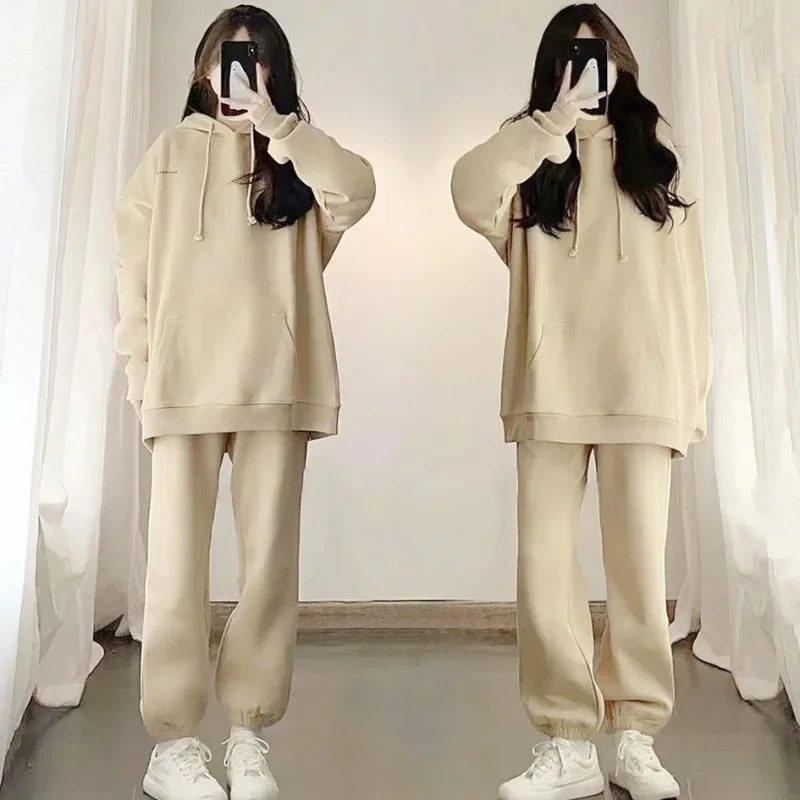 임산부를 위한 캐주얼 스포츠 루즈핏 후드 맨투맨, 얇은 플리스 2 피스 세트, 출산 패션 세트, 용수철/가을
