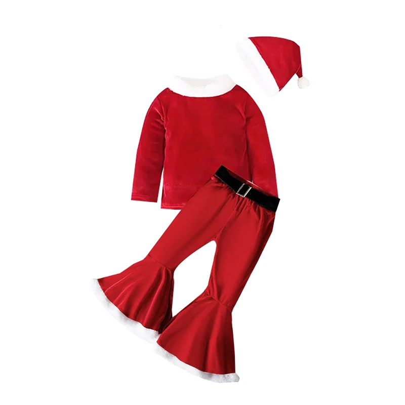 thumbnail image 2 of Vestido de Navidad para niñas, conjunto de 3 piezas, sombrero, camiseta y pantalones, juego de rol, pantalones largos acampanados, disfraz de elfo de Año Nuevo, disfraz de Papá Noel para niñas, 2 of 5