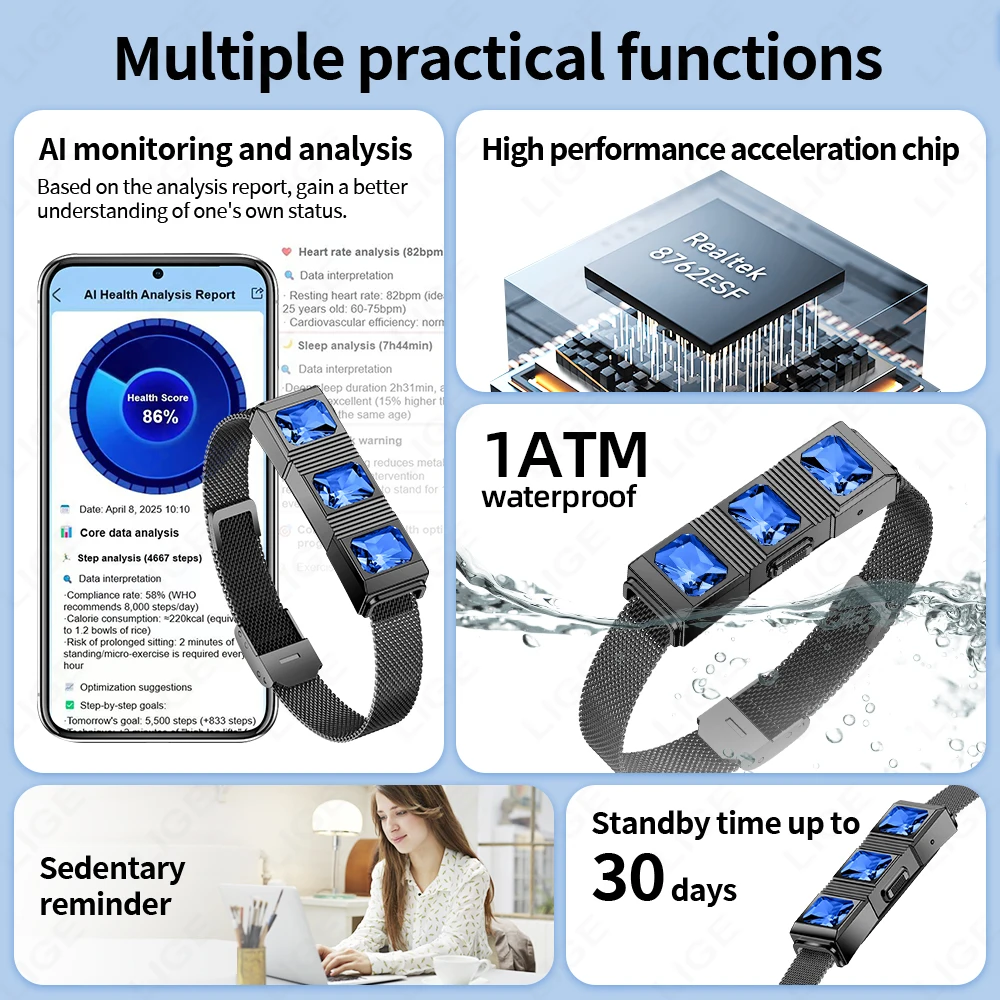 LIGE Fashion Rhinestone Smart Bracelet Health Tracker Sleep Heart Rate Monitor Sport Band Smart Watch Waterproof for Android iOS