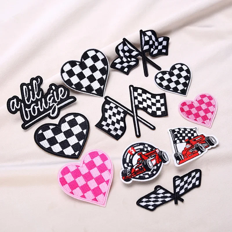 Black And White Checkered Flag Patch F1 Racing Communication Signal Embroidered Badge Stick on Clothing Accessories for Men Wome