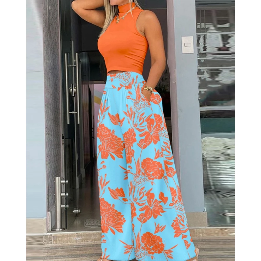 

2024 Summer Women Sleeveless Mock Neck Crop Top & Floral Print Wide Leg Pants Set Femme Lady Casual Two Pieces Suits Set Outfits