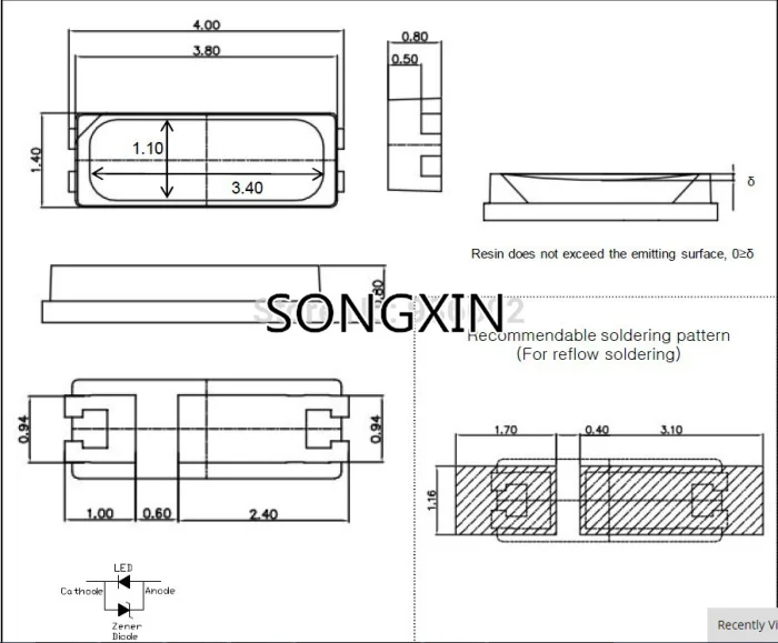 고품질 블루 0.2W 칩 LED 4014, Smd LED, 460-475nm, 4.0x1.4mm, 칩 발광 다이오드 (CE & Rosh), 100 개