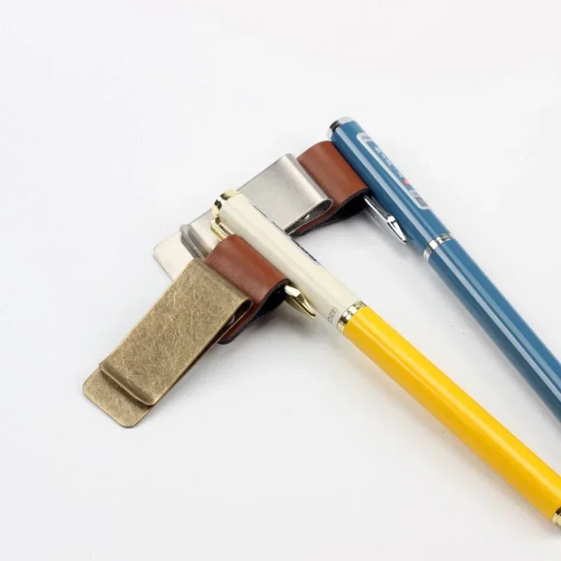 Pen Holder Metal Leather Stainless Steel Pen Clip For Notebook Diary School Office Accessories 1pcs