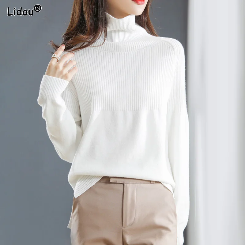 

Turtleneck Casual Solid T-Shirts Patchwork Loose Straight Knitted Women's Clothing 2022 Autumn Winter Thin Simplicity Pullovers