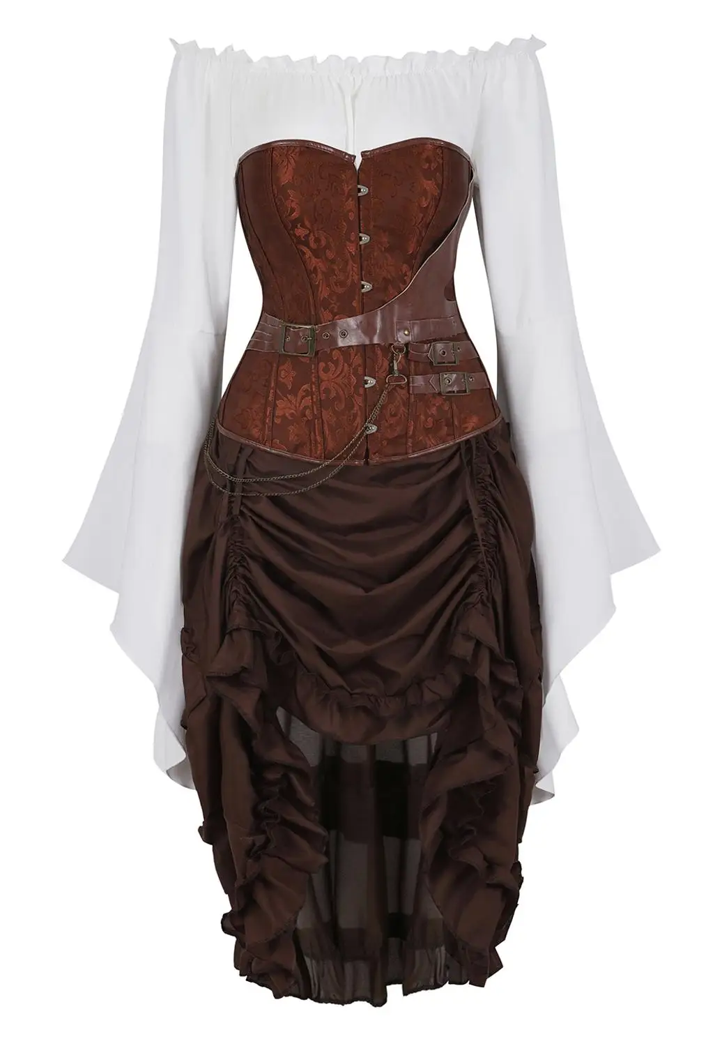 

Corset with Pirate Skirt and Blouse Steampunk Leather Embroidery Bustier Outfits Carnival Party Costumes Womens Cosplay