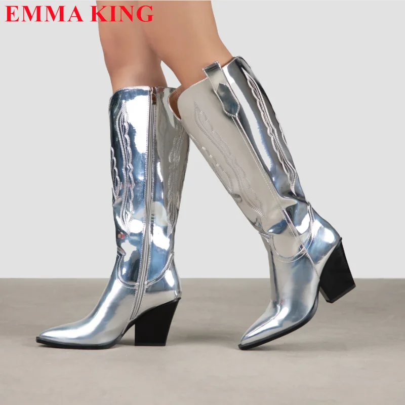 

Fashion Sliver Patent Leather Knee High Western Boots Women Embroider Pointed Toe Cowgirl Cowboy Boots Chunky High Heels Shoes