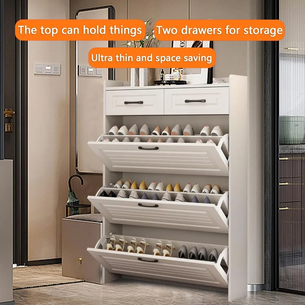 Multi Functional Narrow flip Shoe Cabinet with 3 Doors 2 Drawers, accommodate Various Shoes, Suitable for Entryway and corridors 6