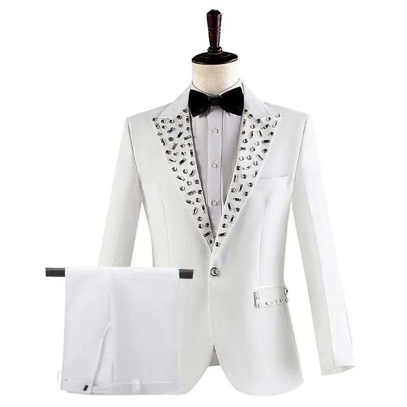 

Black White Crystal Blazer Pants 2 Piece Set Men Suit Evening Party Host Singer Chorus Team Stage Performance Tuxedo Costume