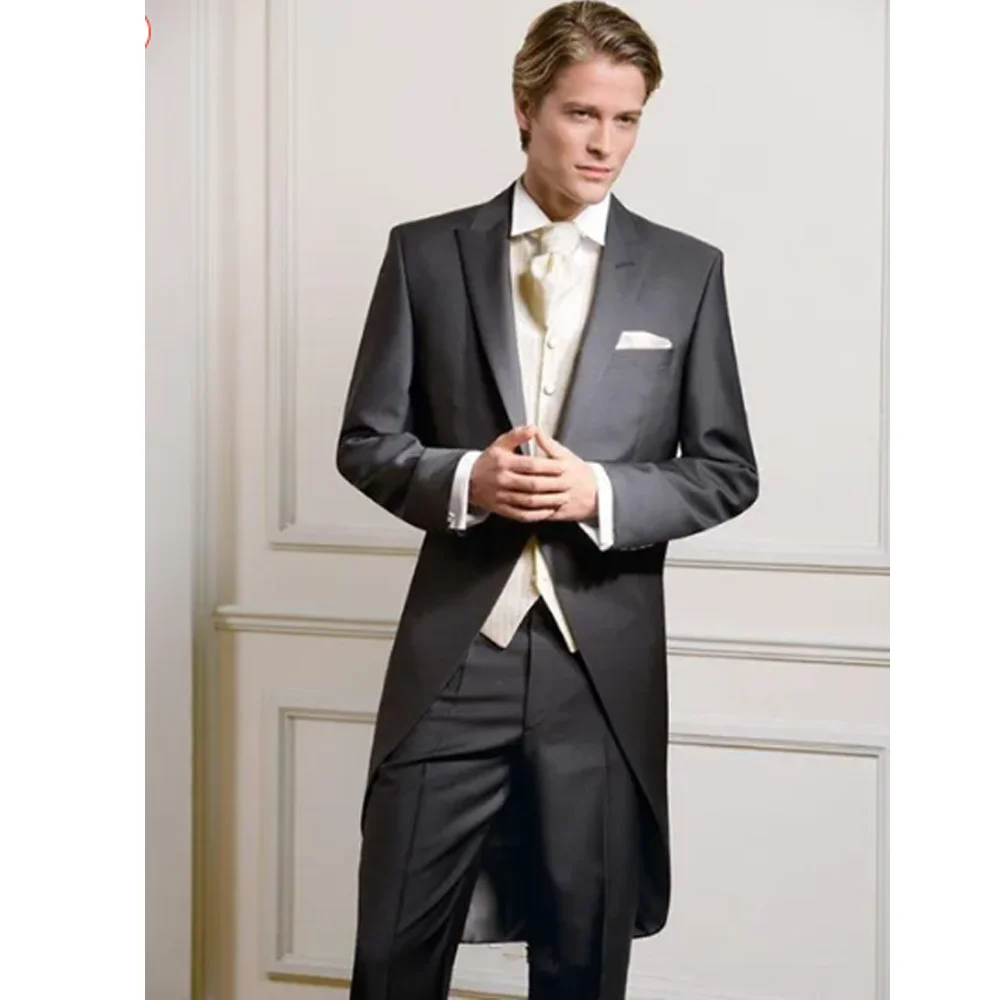 Groom's Wedding Tuxedo Gray Formal Men's Long Suit Jacket Pants Vest 3-piece Set Customized Outfit XS-5XL